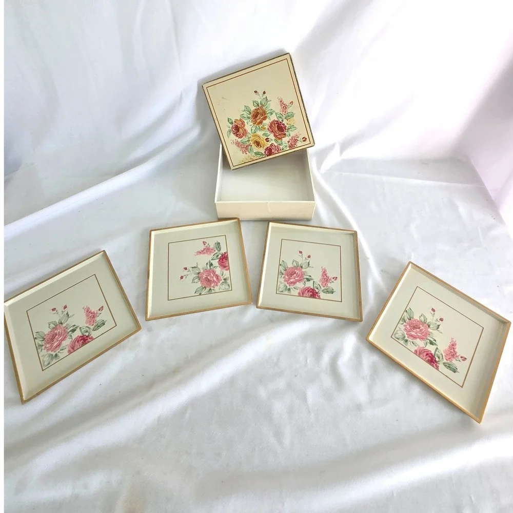 Vintage Otagiri Japan English Rose Coaster Set with Storage Box Floral 5 Piece
